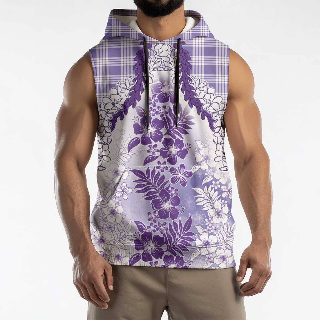 Aloha Hawaii Palaka Sleeveless Hoodie Purple Plumeria Lei - Polynesian Pride