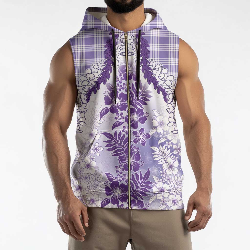 Aloha Hawaii Palaka Sleeveless Zip Hoodie Purple Plumeria Lei - Polynesian Pride