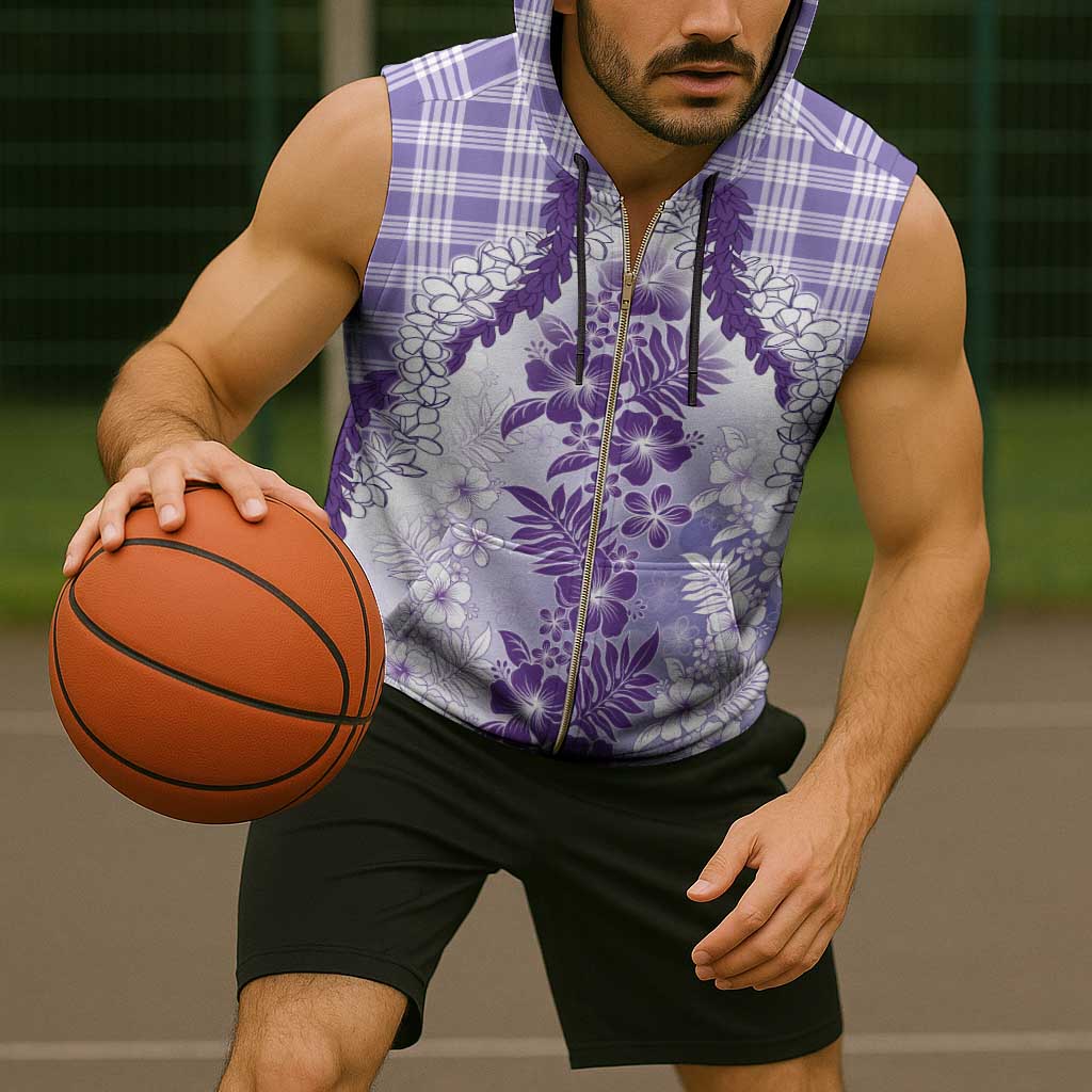 Aloha Hawaii Palaka Sleeveless Zip Hoodie Purple Plumeria Lei - Polynesian Pride