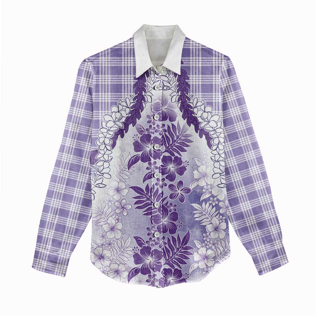 Aloha Hawaii Palaka Women Casual Shirt Purple Plumeria Lei - Polynesian Pride