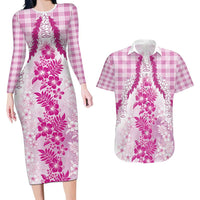 Aloha Hawaii Palaka Couples Matching Long Sleeve Bodycon Dress and Hawaiian Shirt Pink Plumeria Lei - Polynesian Pride