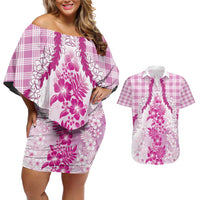 Aloha Hawaii Palaka Couples Matching Off Shoulder Short Dress and Hawaiian Shirt Pink Plumeria Lei - Polynesian Pride