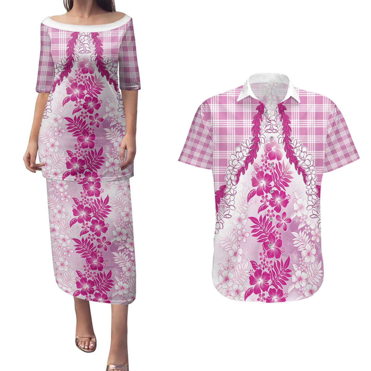 Aloha Hawaii Palaka Couples Matching Puletasi and Hawaiian Shirt Pink Plumeria Lei - Polynesian Pride