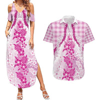 Aloha Hawaii Palaka Couples Matching Summer Maxi Dress and Hawaiian Shirt Pink Plumeria Lei - Polynesian Pride