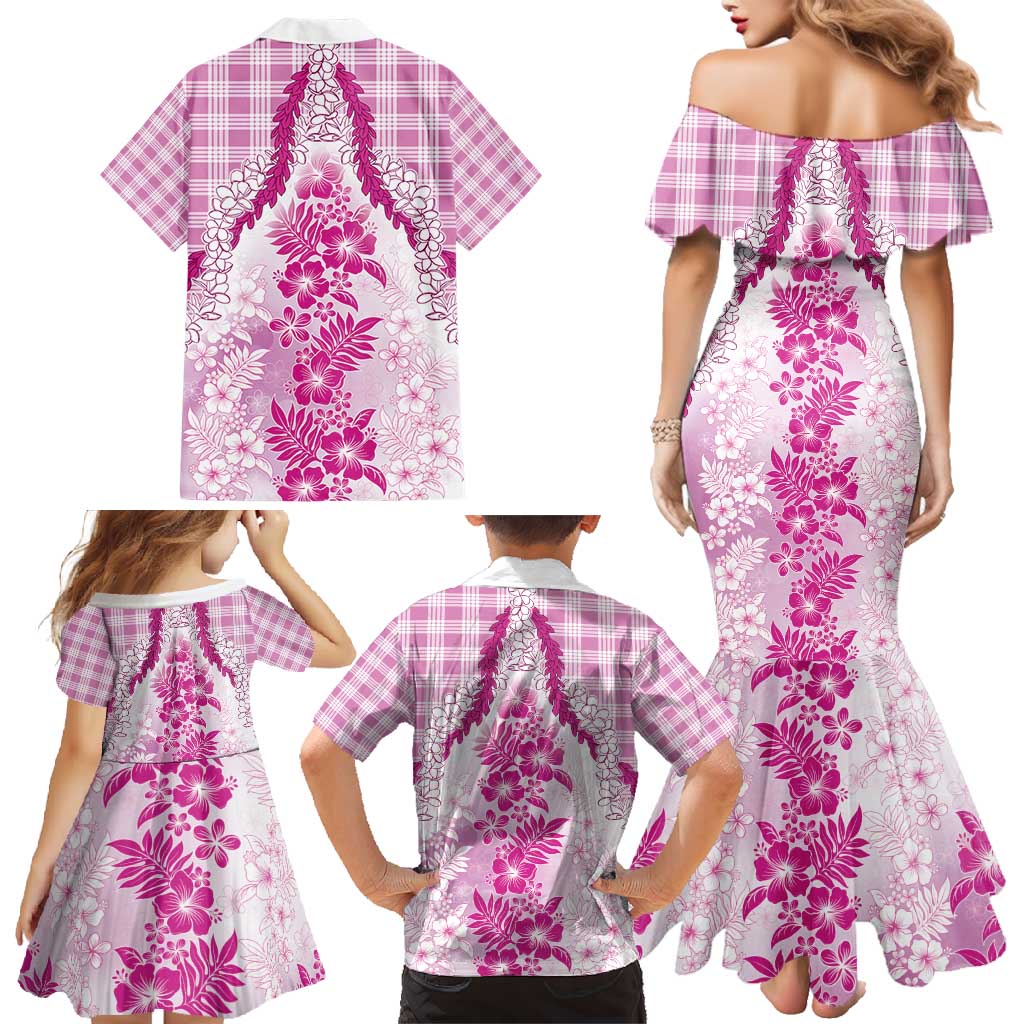 Aloha Hawaii Palaka Family Matching Mermaid Dress and Hawaiian Shirt Pink Plumeria Lei - Polynesian Pride