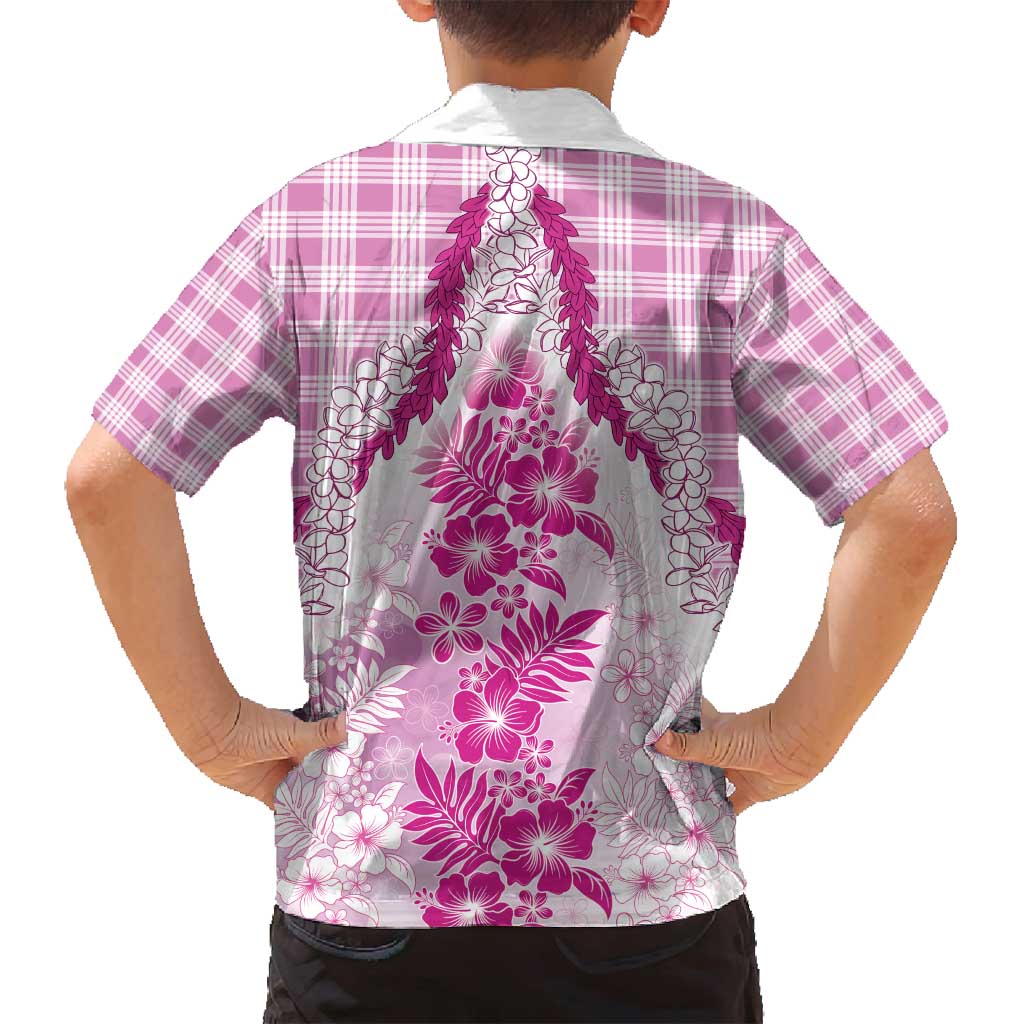 Aloha Hawaii Palaka Family Matching Off Shoulder Short Dress and Hawaiian Shirt Pink Plumeria Lei - Polynesian Pride