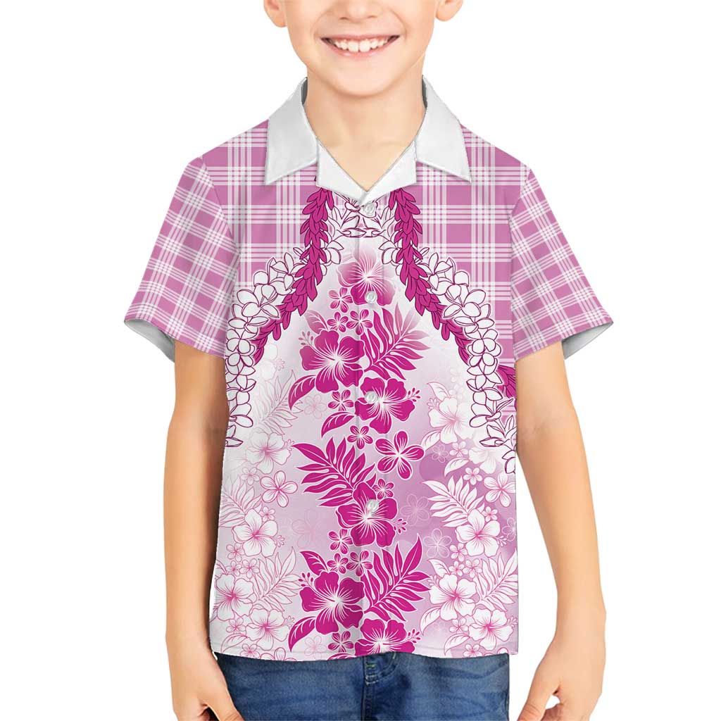 Aloha Hawaii Palaka Family Matching Off Shoulder Short Dress and Hawaiian Shirt Pink Plumeria Lei - Polynesian Pride