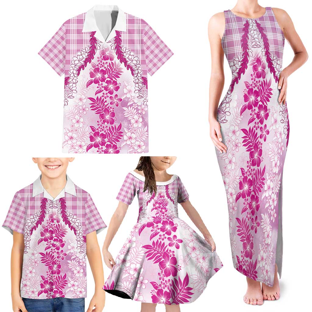 Aloha Hawaii Palaka Family Matching Tank Maxi Dress and Hawaiian Shirt Pink Plumeria Lei - Polynesian Pride