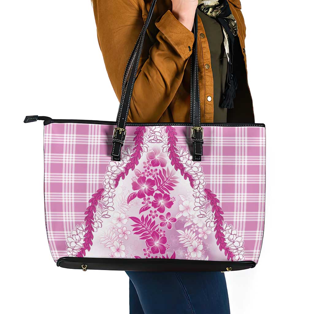 Aloha Hawaii Palaka Leather Tote Bag Pink Plumeria Lei - Polynesian Pride