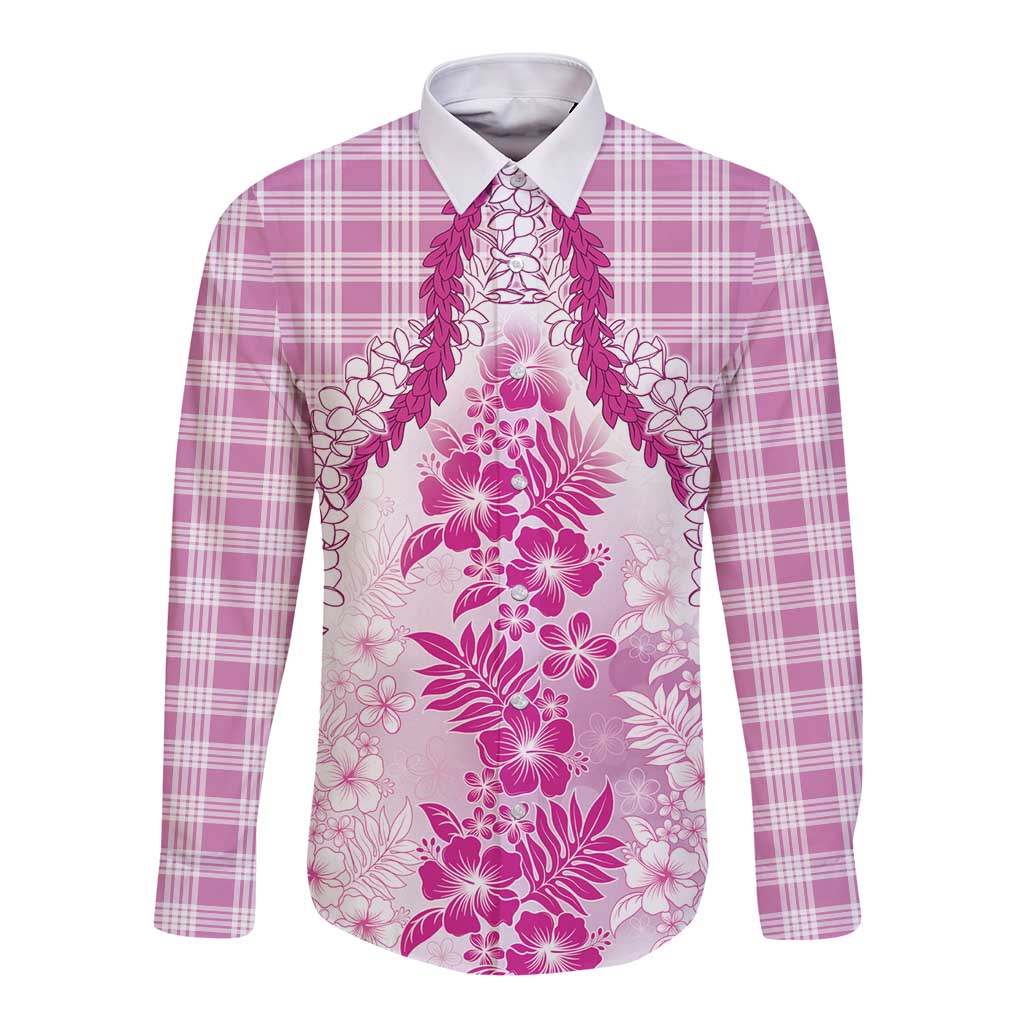 Aloha Hawaii Palaka Long Sleeve Button Shirt Pink Plumeria Lei - Polynesian Pride