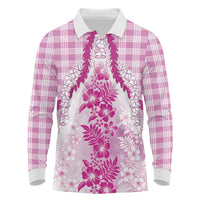 Aloha Hawaii Palaka Long Sleeve Polo Shirt Pink Plumeria Lei - Polynesian Pride
