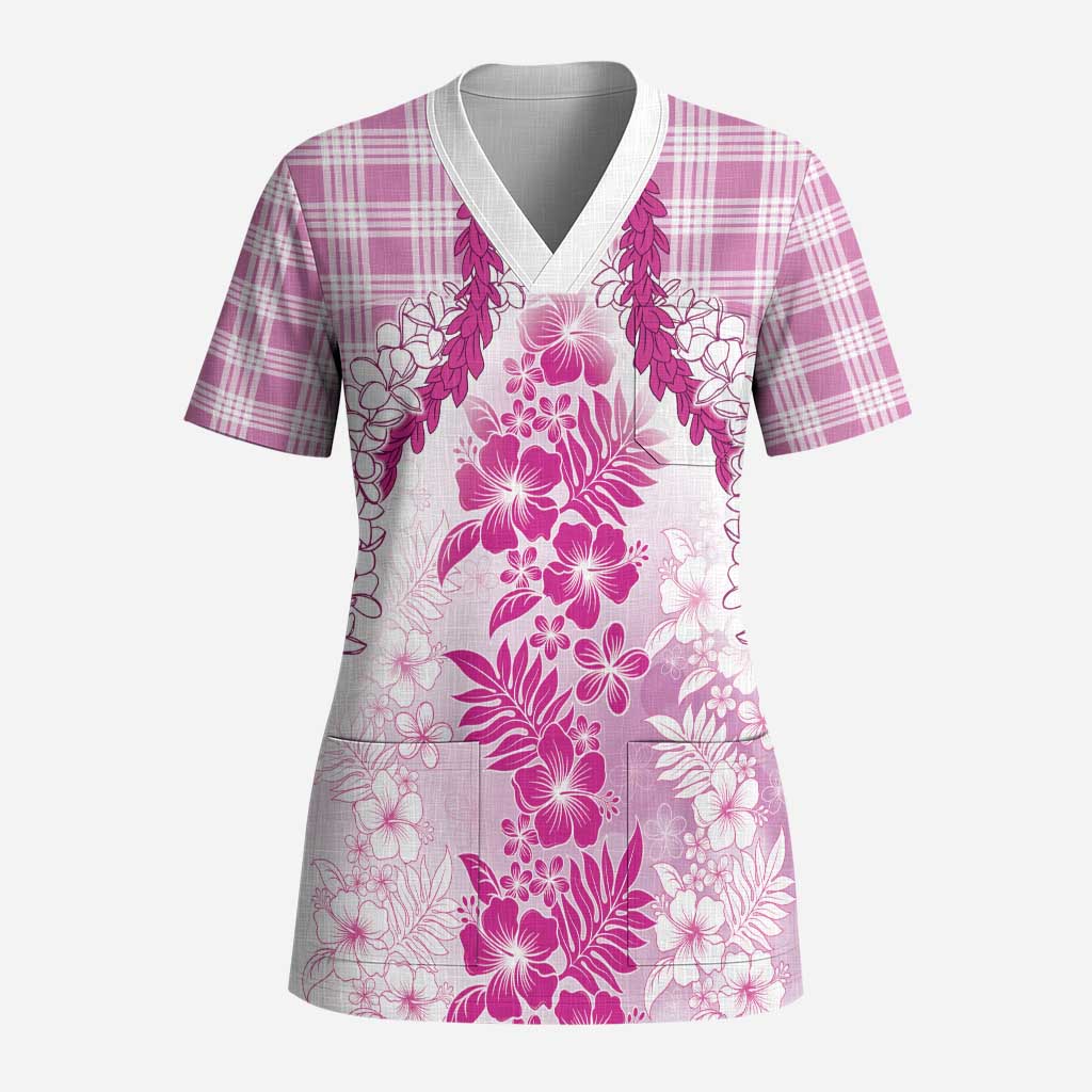 Aloha Hawaii Palaka Scrub Top Pink Plumeria Lei - Polynesian Pride