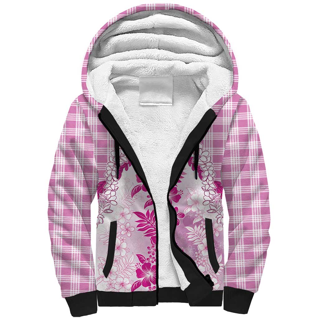 Aloha Hawaii Palaka Sherpa Hoodie Pink Plumeria Lei - Polynesian Pride