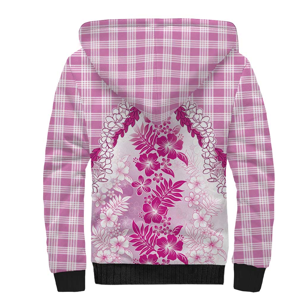 Aloha Hawaii Palaka Sherpa Hoodie Pink Plumeria Lei - Polynesian Pride