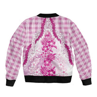 Aloha Hawaii Palaka Sleeve Zip Bomber Jacket Pink Plumeria Lei - Polynesian Pride