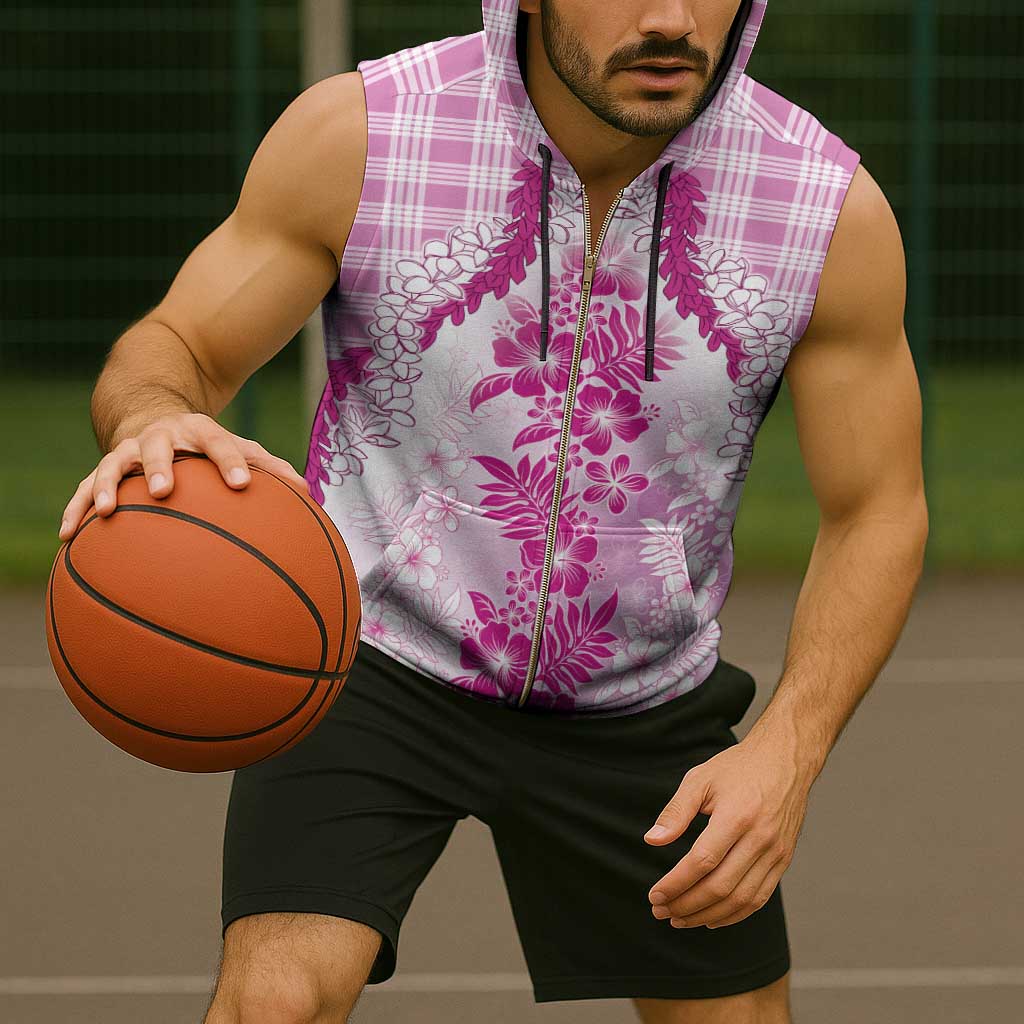 Aloha Hawaii Palaka Sleeveless Zip Hoodie Pink Plumeria Lei - Polynesian Pride