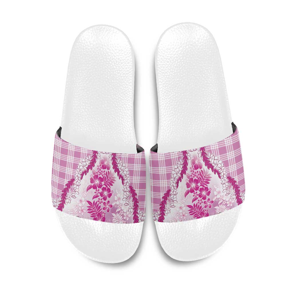 Aloha Hawaii Palaka Slide Sandals Pink Plumeria Lei - Polynesian Pride