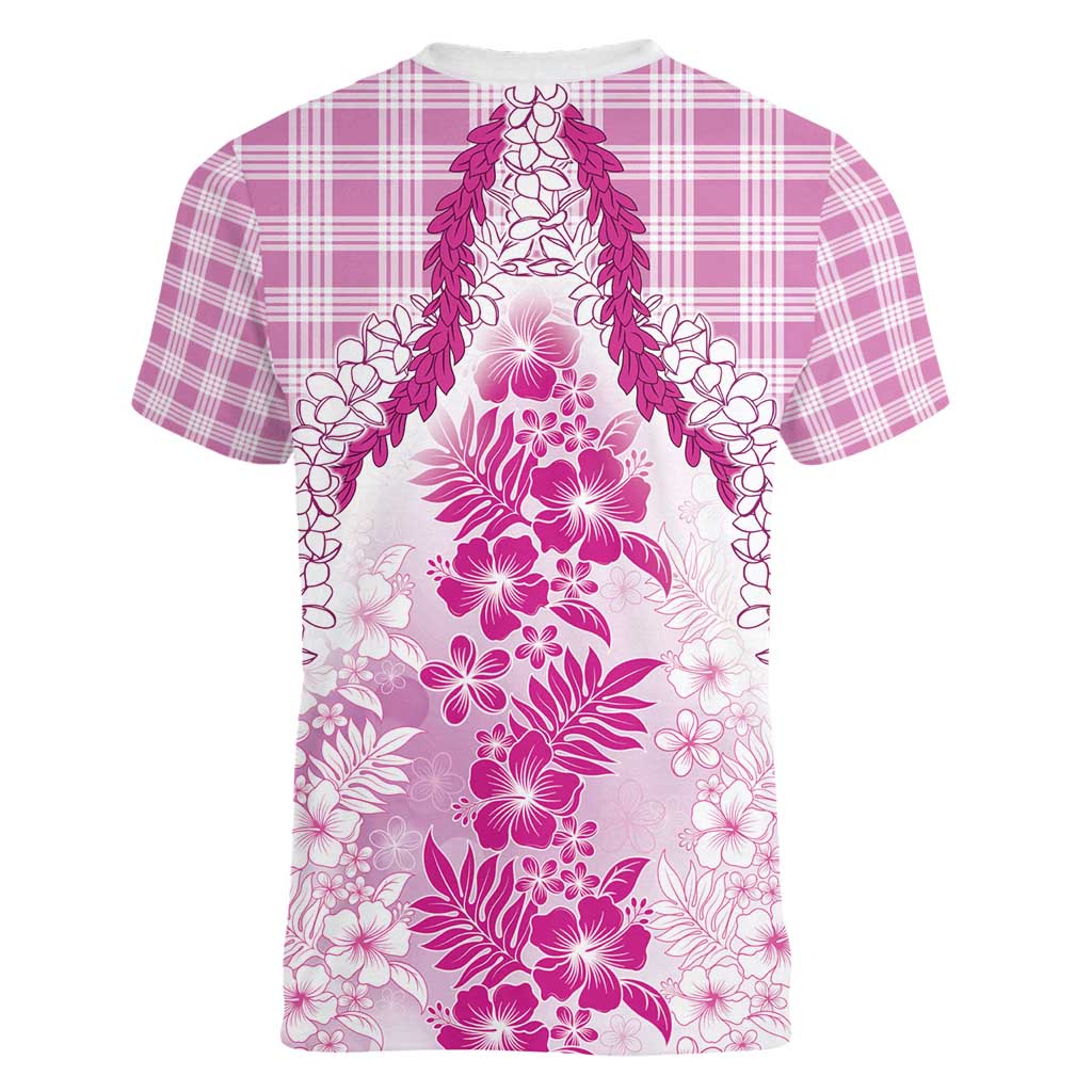Aloha Hawaii Palaka Women V-Neck T-Shirt Pink Plumeria Lei - Polynesian Pride