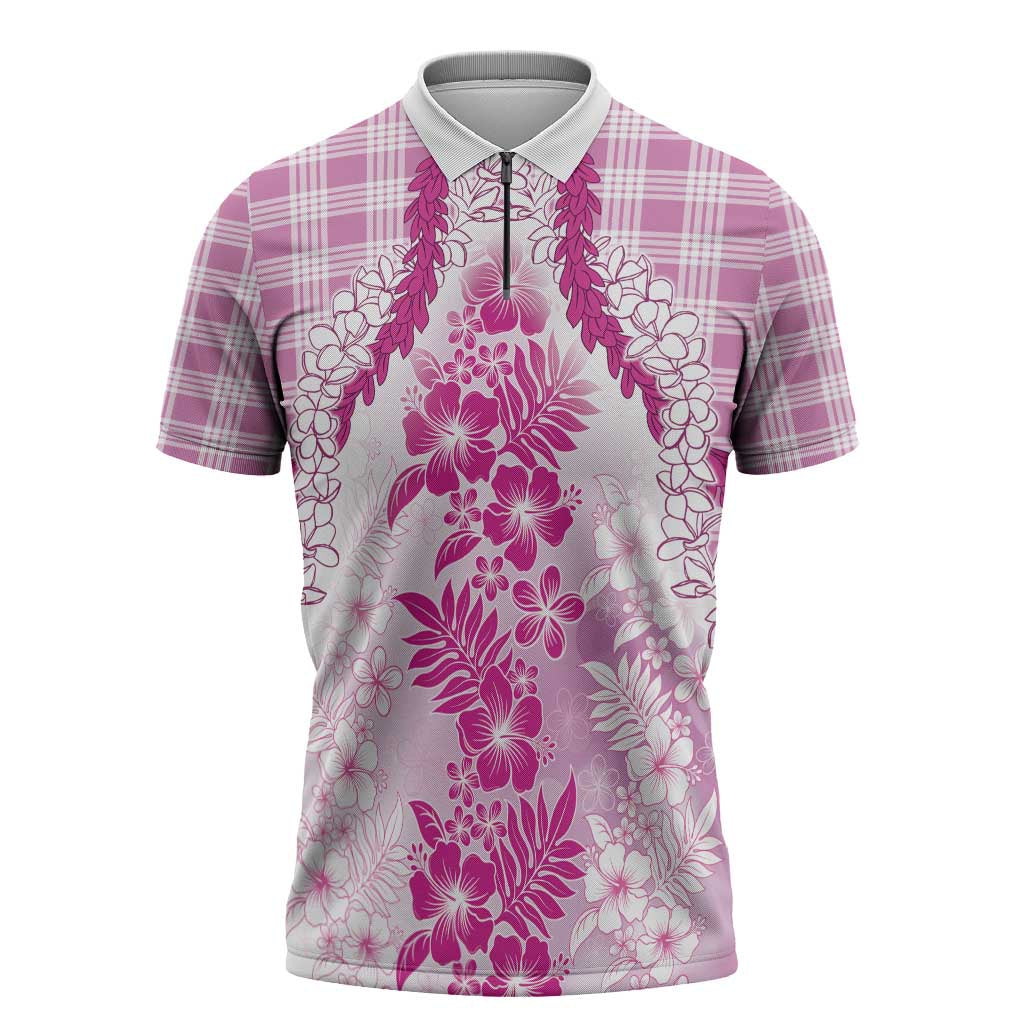 Aloha Hawaii Palaka Zipper Polo Shirt Pink Plumeria Lei - Polynesian Pride