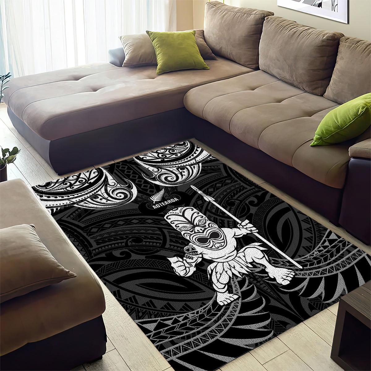 New Zealand Maori Taiaha Area Rug Tiki Warrior Black LT05 - Polynesian Pride