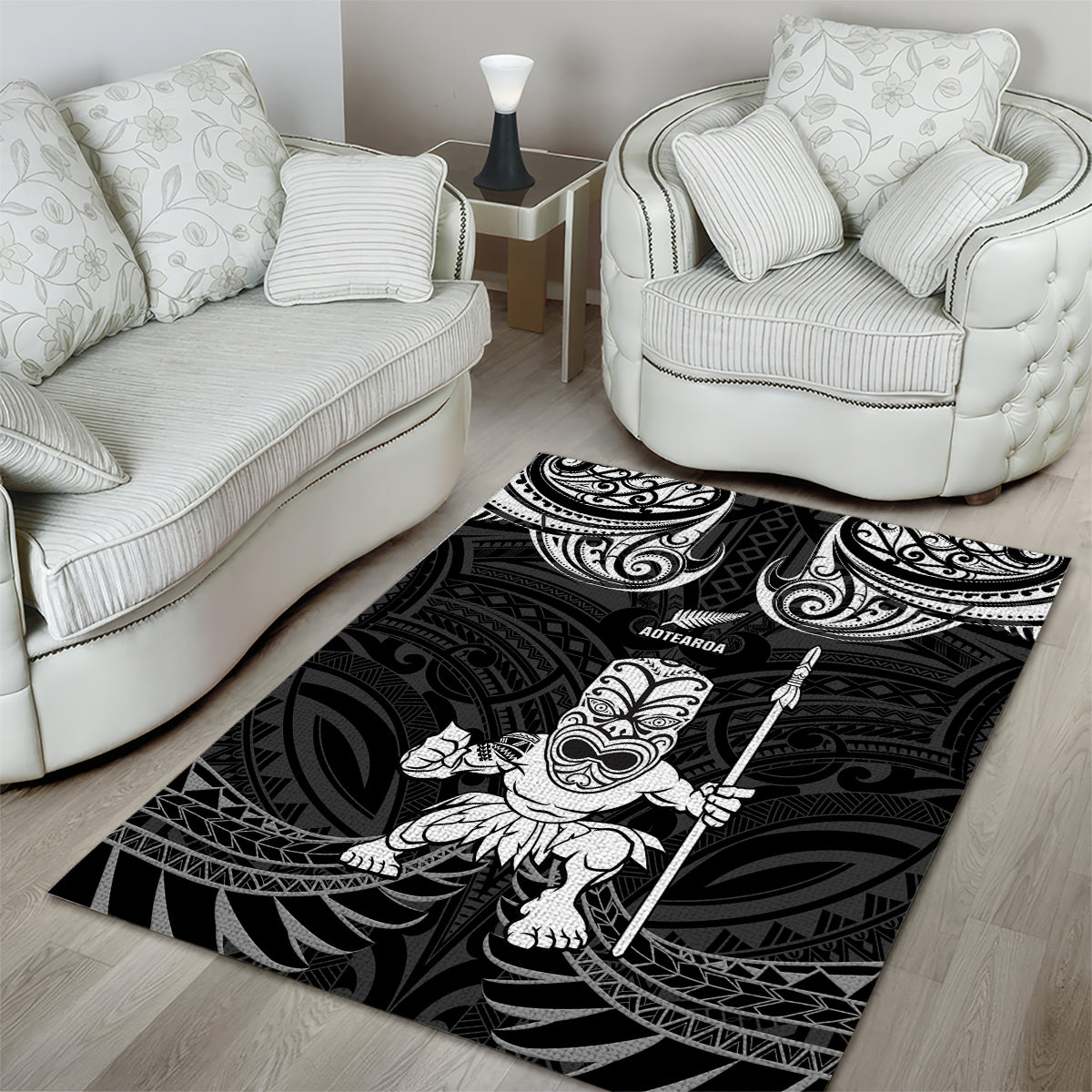 New Zealand Maori Taiaha Area Rug Tiki Warrior Black LT05 - Polynesian Pride
