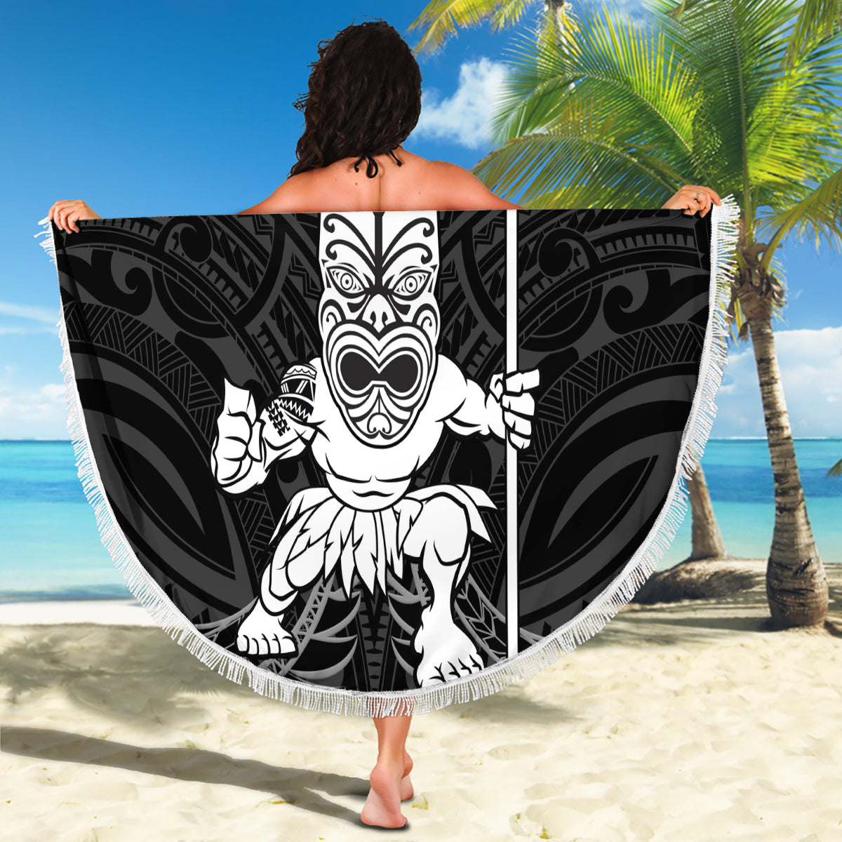 New Zealand Maori Taiaha Beach Blanket Tiki Warrior Black LT05 - Polynesian Pride