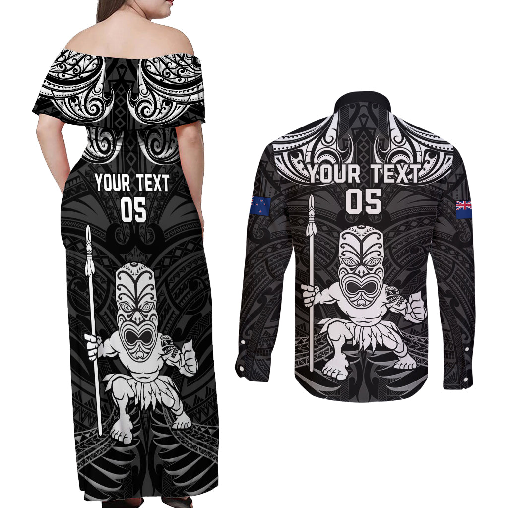 Custom New Zealand Maori Taiaha Couples Matching Off Shoulder Maxi Dress and Long Sleeve Button Shirt Tiki Warrior Black LT05 - Polynesian Pride