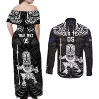 Custom New Zealand Maori Taiaha Couples Matching Off Shoulder Maxi Dress and Long Sleeve Button Shirt Tiki Warrior Black LT05 - Polynesian Pride