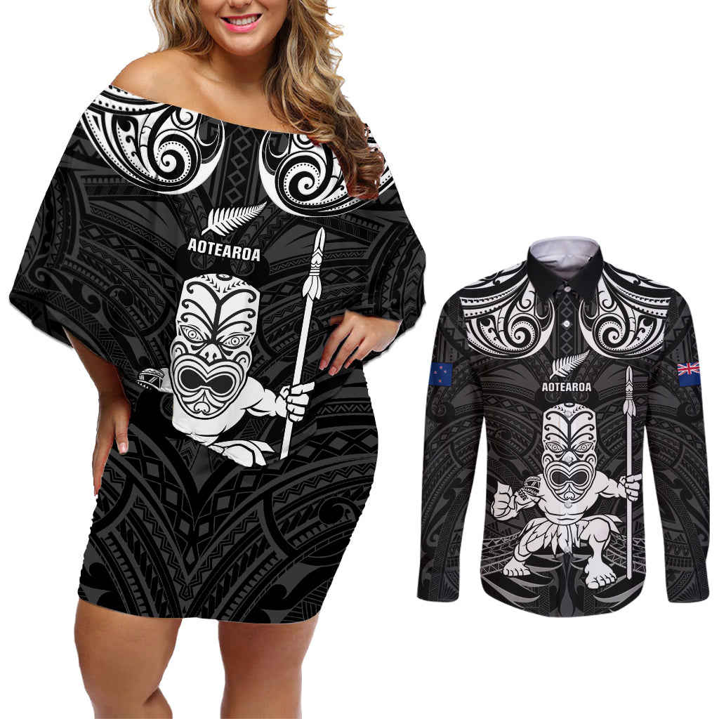 Custom New Zealand Maori Taiaha Couples Matching Off Shoulder Short Dress and Long Sleeve Button Shirt Tiki Warrior Black LT05 Black - Polynesian Pride