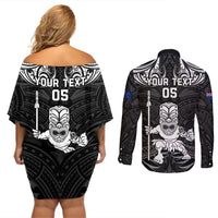Custom New Zealand Maori Taiaha Couples Matching Off Shoulder Short Dress and Long Sleeve Button Shirt Tiki Warrior Black LT05 - Polynesian Pride