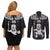 Custom New Zealand Maori Taiaha Couples Matching Off Shoulder Short Dress and Long Sleeve Button Shirt Tiki Warrior Black LT05 - Polynesian Pride