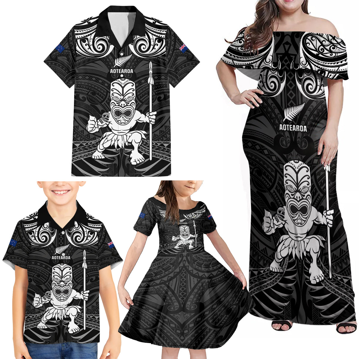 Custom New Zealand Maori Taiaha Family Matching Off Shoulder Maxi Dress and Hawaiian Shirt Tiki Warrior Black LT05 - Polynesian Pride