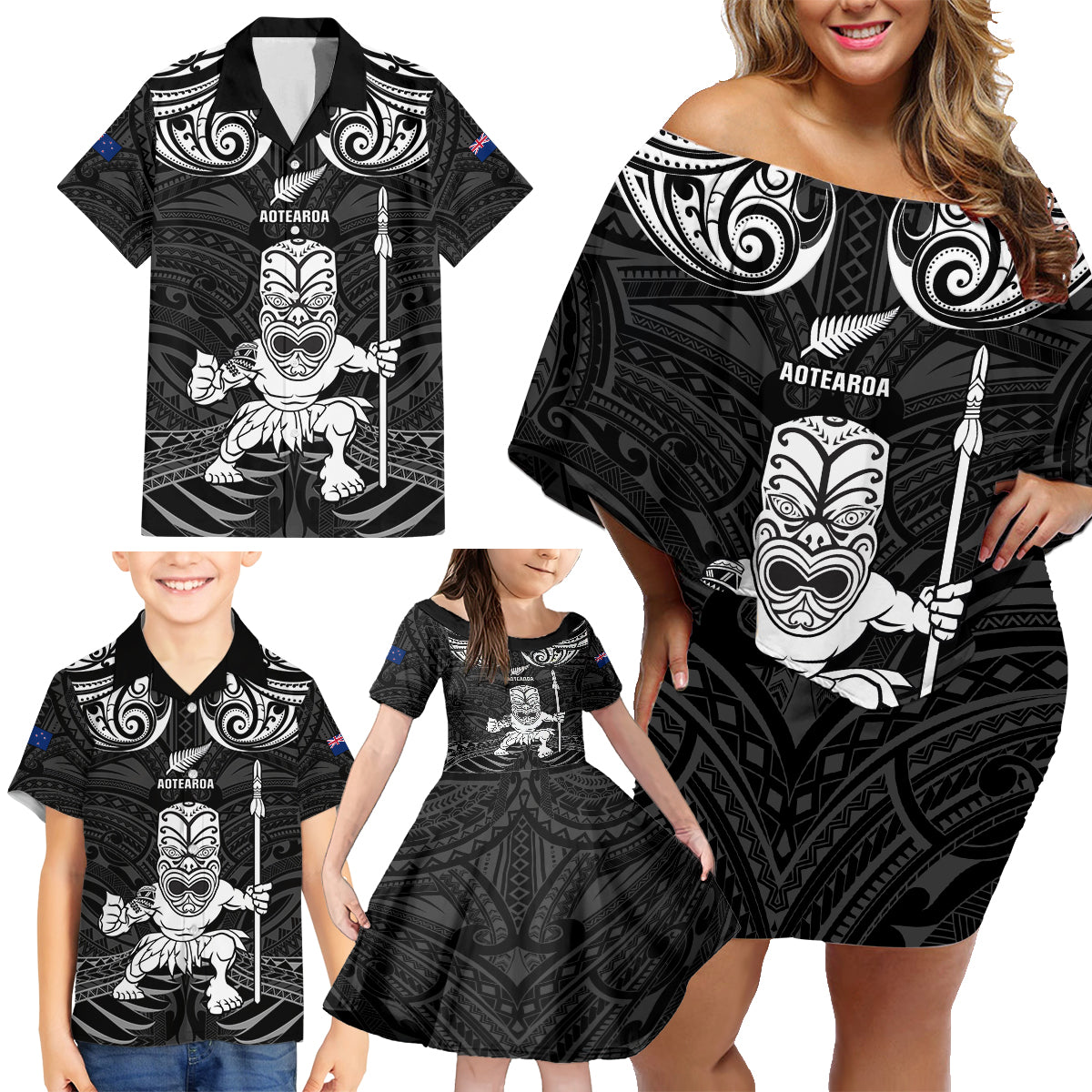 Custom New Zealand Maori Taiaha Family Matching Off Shoulder Short Dress and Hawaiian Shirt Tiki Warrior Black LT05 - Polynesian Pride