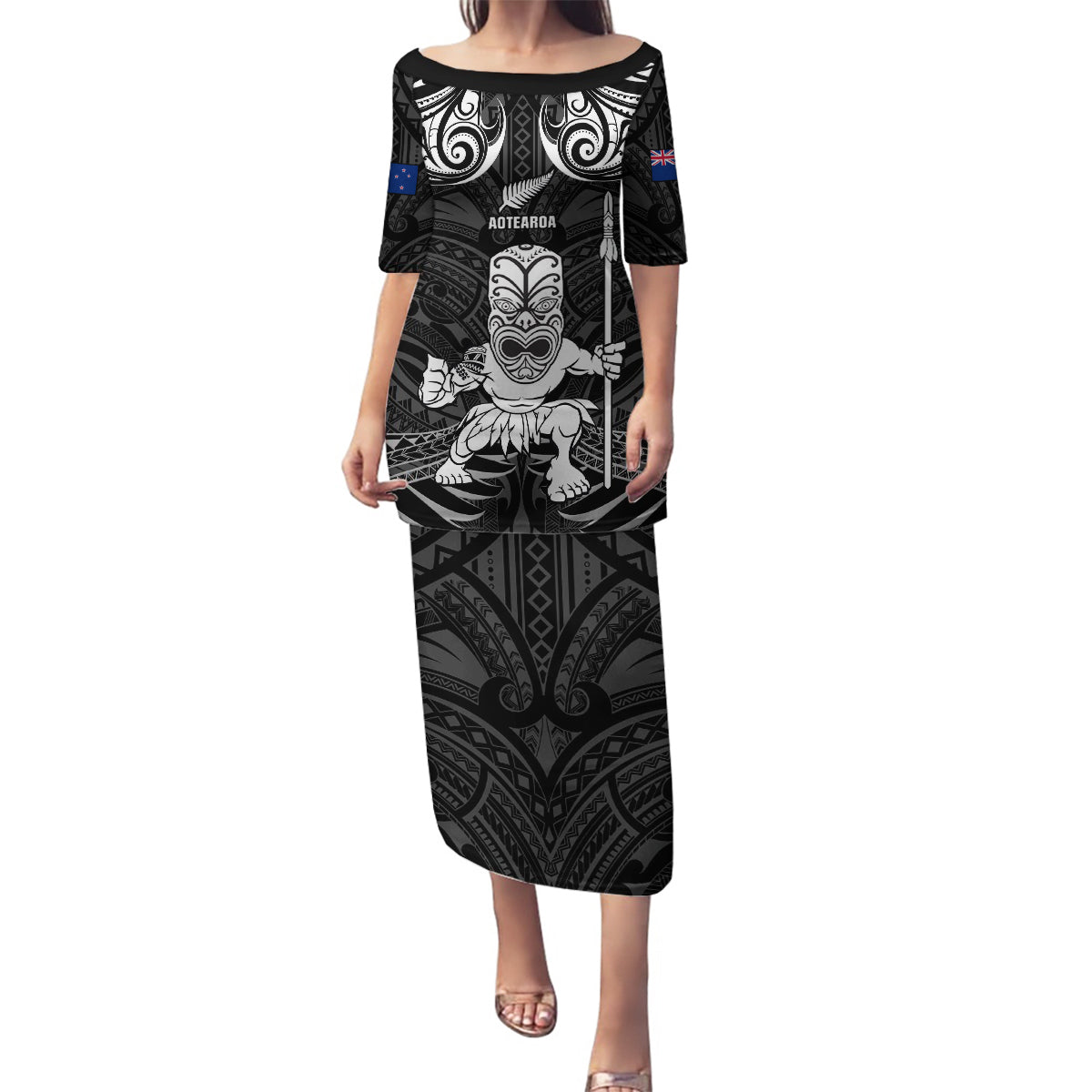 Custom New Zealand Maori Taiaha Family Matching Puletasi and Hawaiian Shirt Tiki Warrior Black LT05 Mom's Dress Black - Polynesian Pride
