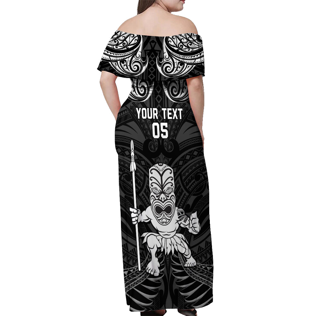 Custom New Zealand Maori Taiaha Off Shoulder Maxi Dress Tiki Warrior Black LT05 - Polynesian Pride