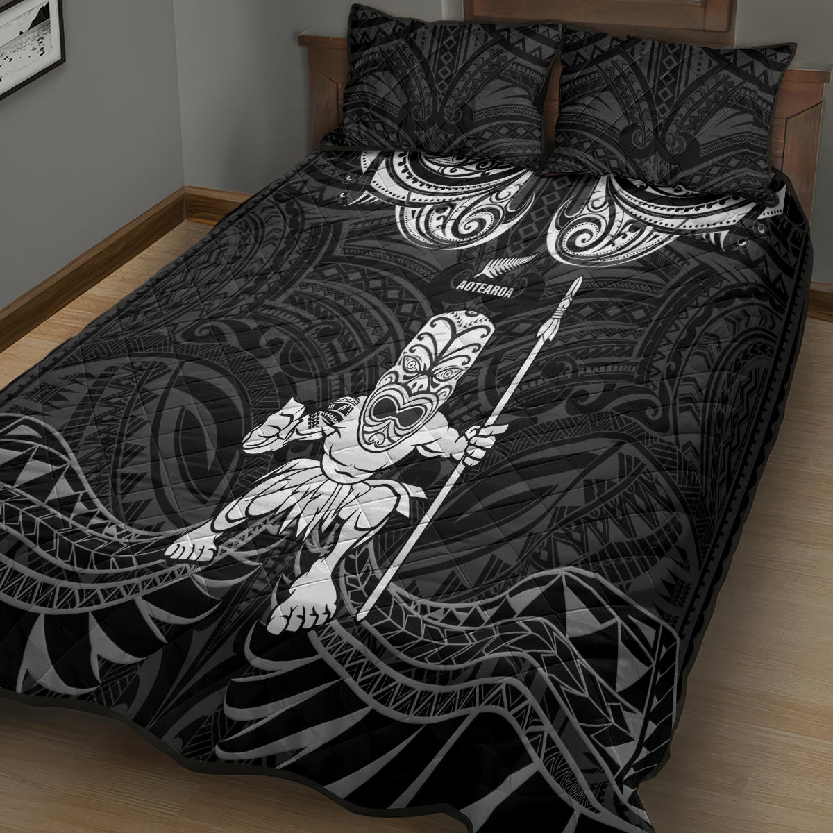 New Zealand Maori Taiaha Quilt Bed Set Tiki Warrior Black LT05 - Polynesian Pride