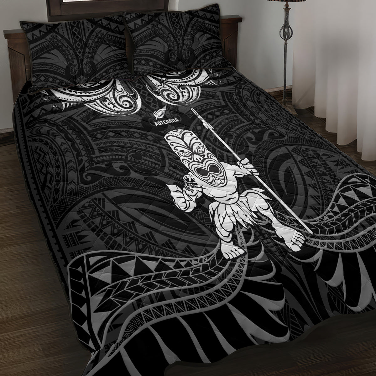 New Zealand Maori Taiaha Quilt Bed Set Tiki Warrior Black LT05 - Polynesian Pride