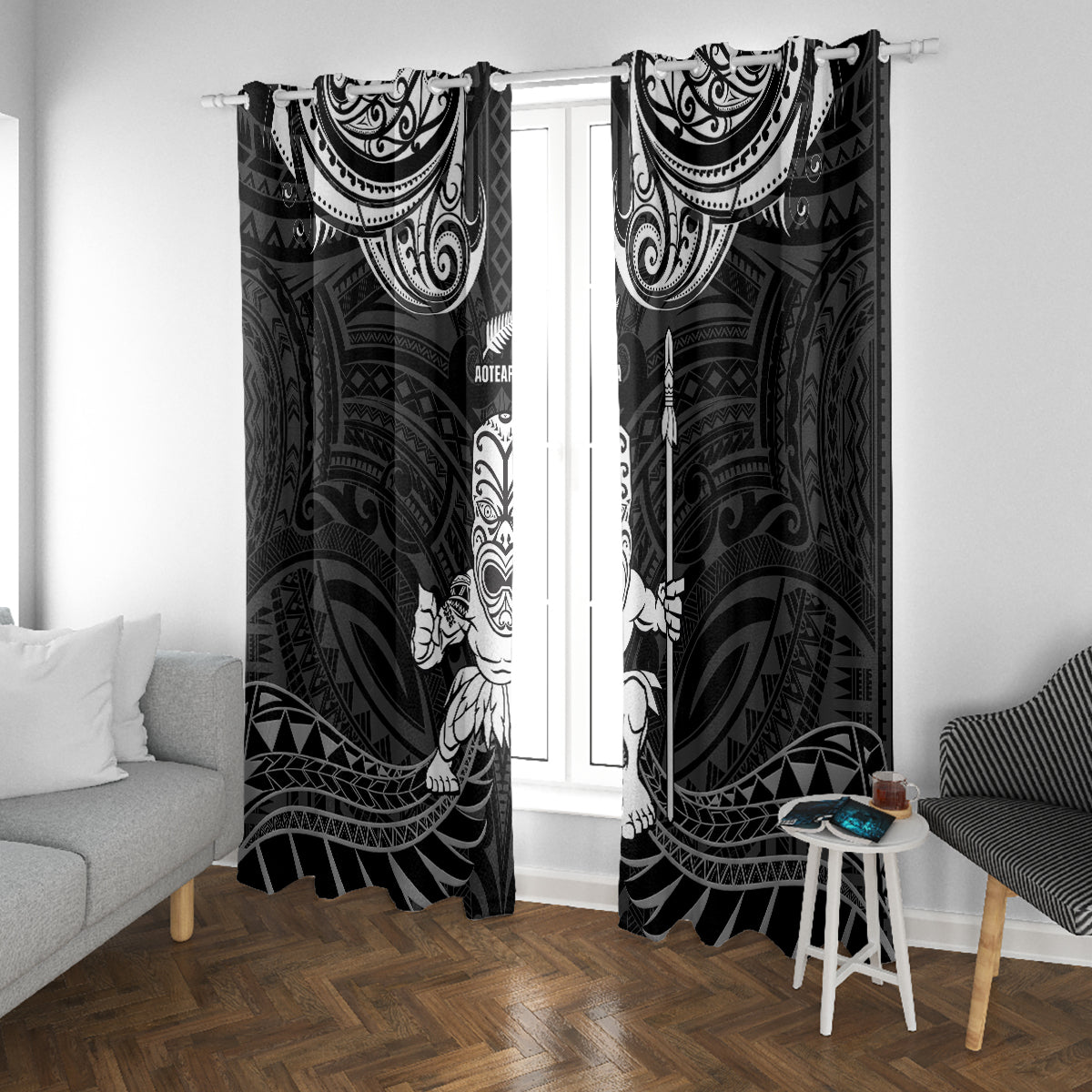 New Zealand Maori Taiaha Window Curtain Tiki Warrior Black LT05 With Grommets Black - Polynesian Pride
