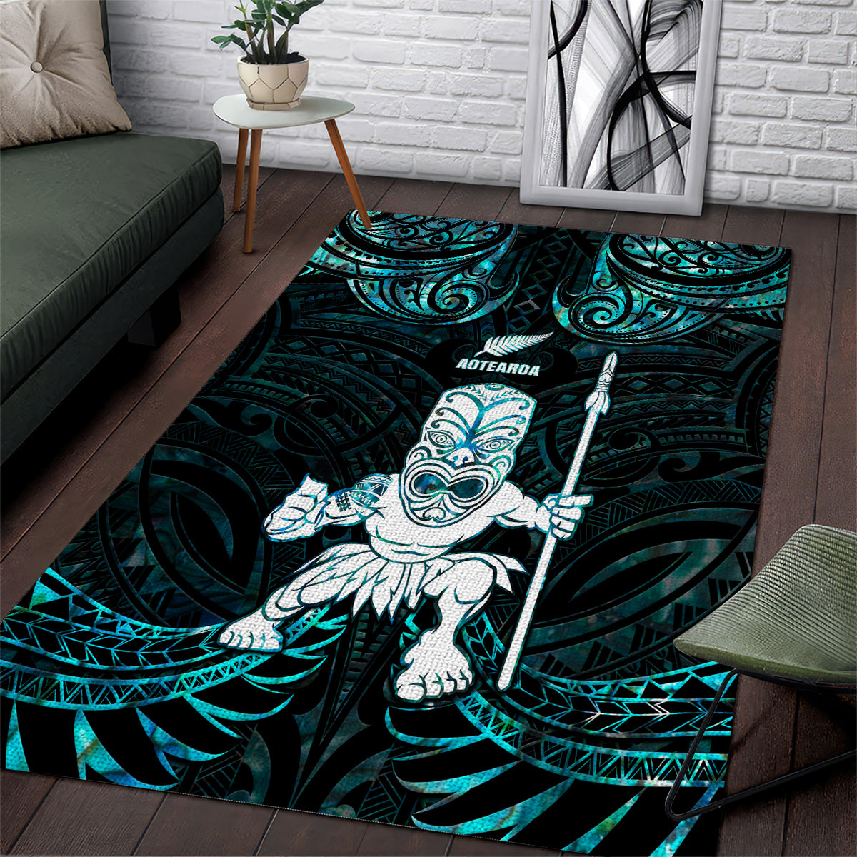 New Zealand Maori Taiaha Area Rug Tiki Warrior Paua Shell LT05 Black - Polynesian Pride