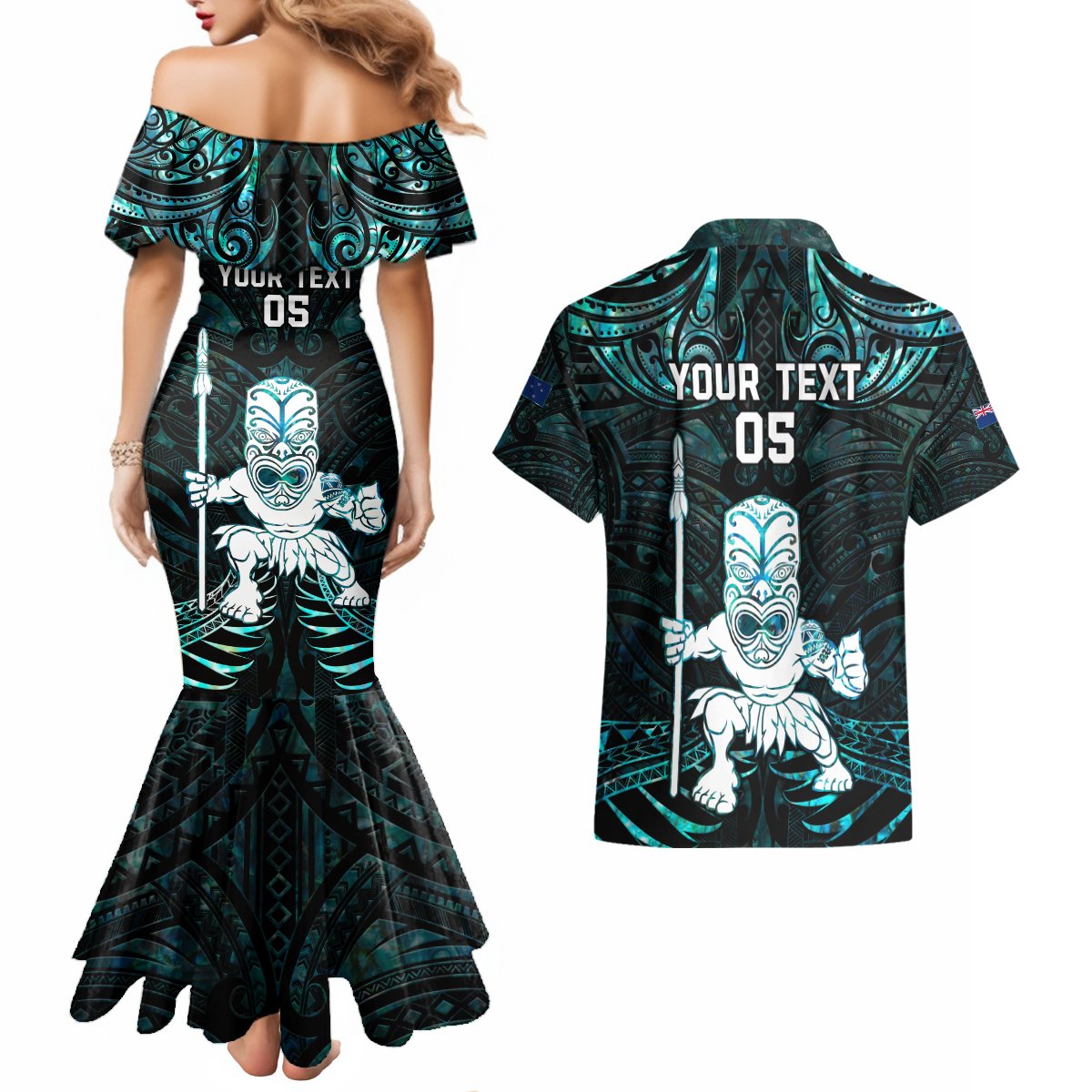 Custom New Zealand Maori Taiaha Couples Matching Mermaid Dress and Hawaiian Shirt Tiki Warrior Paua Shell LT05 - Polynesian Pride