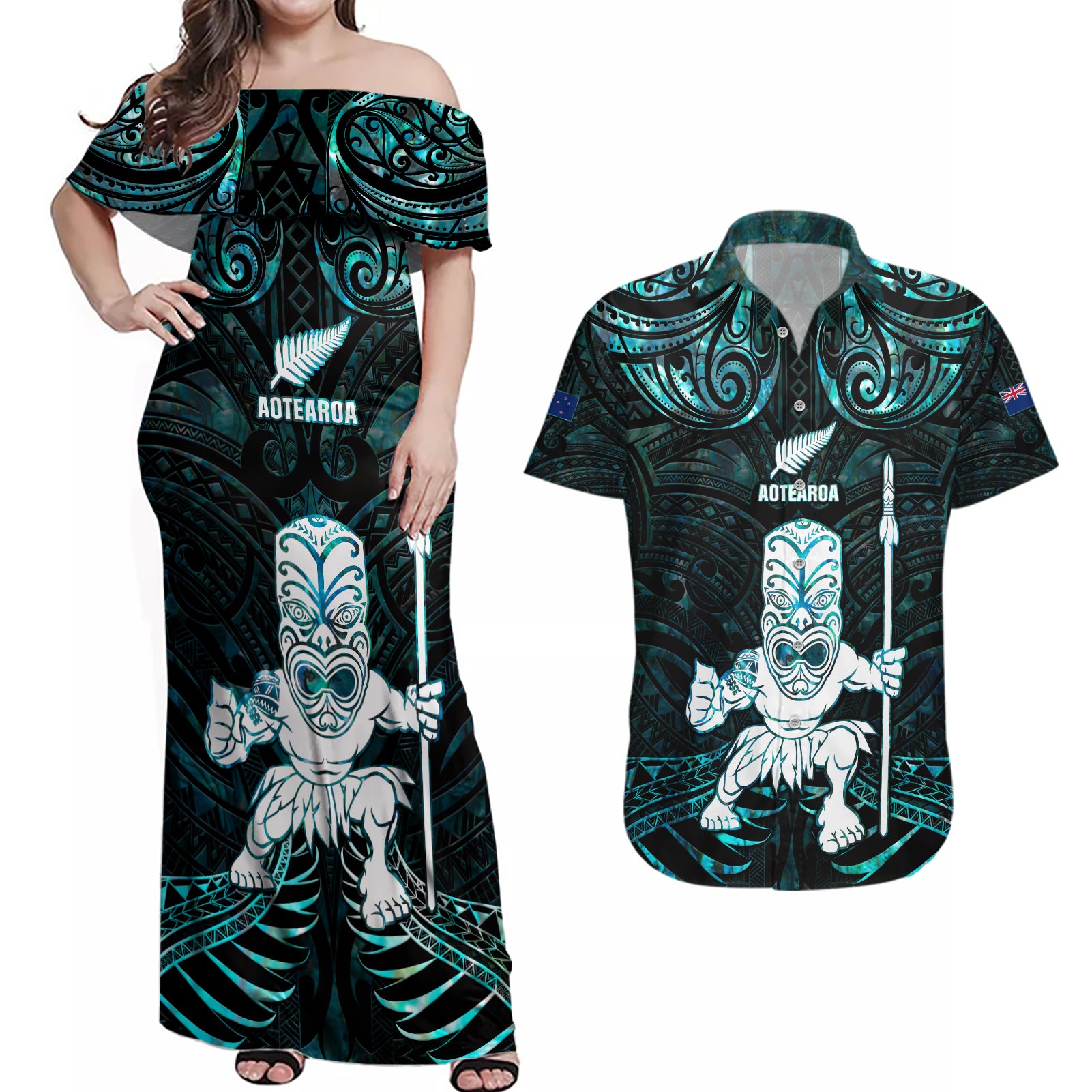 Custom New Zealand Maori Taiaha Couples Matching Off Shoulder Maxi Dress and Hawaiian Shirt Tiki Warrior Paua Shell LT05 Black - Polynesian Pride