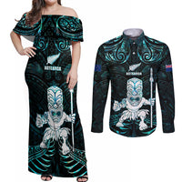 Custom New Zealand Maori Taiaha Couples Matching Off Shoulder Maxi Dress and Long Sleeve Button Shirt Tiki Warrior Paua Shell LT05 Black - Polynesian Pride