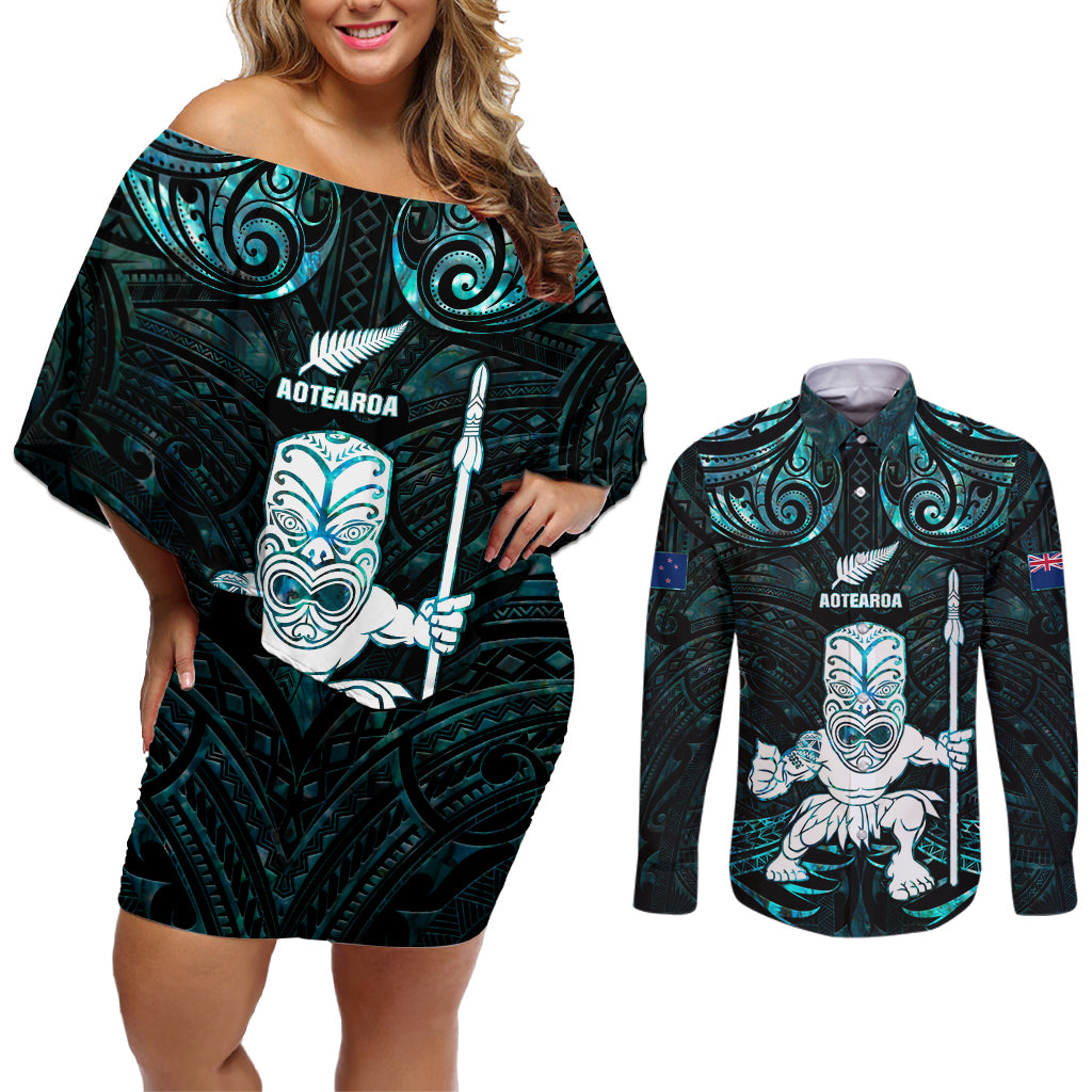 Custom New Zealand Maori Taiaha Couples Matching Off Shoulder Short Dress and Long Sleeve Button Shirt Tiki Warrior Paua Shell LT05 Black - Polynesian Pride