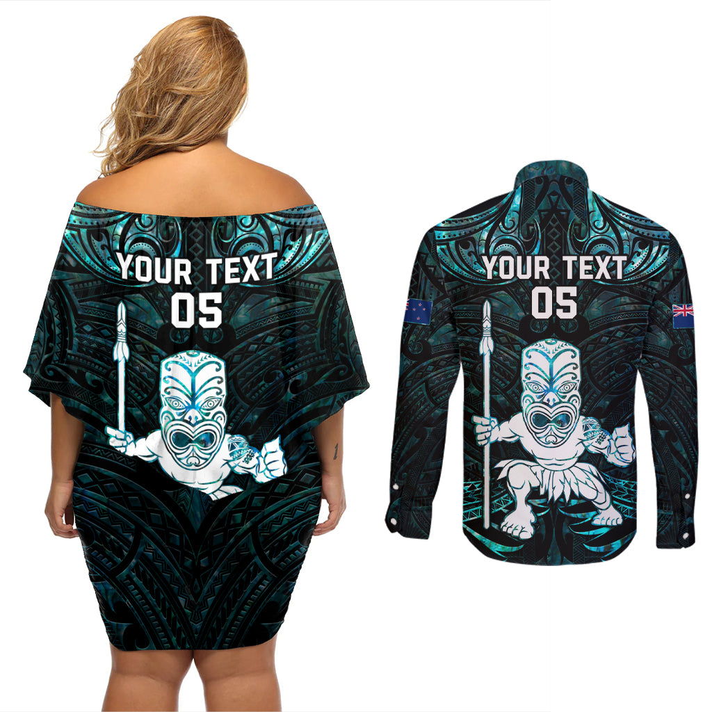 Custom New Zealand Maori Taiaha Couples Matching Off Shoulder Short Dress and Long Sleeve Button Shirt Tiki Warrior Paua Shell LT05 - Polynesian Pride