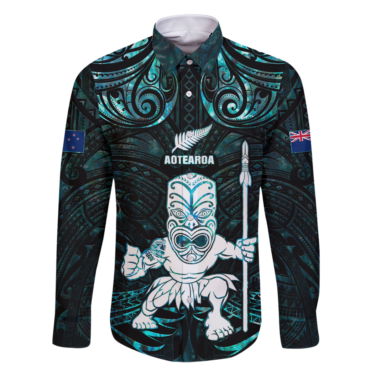 Custom New Zealand Maori Taiaha Family Matching Off Shoulder Long Sleeve Dress and Hawaiian Shirt Tiki Warrior Paua Shell LT05 Dad's Shirt - Long Sleeve Black - Polynesian Pride