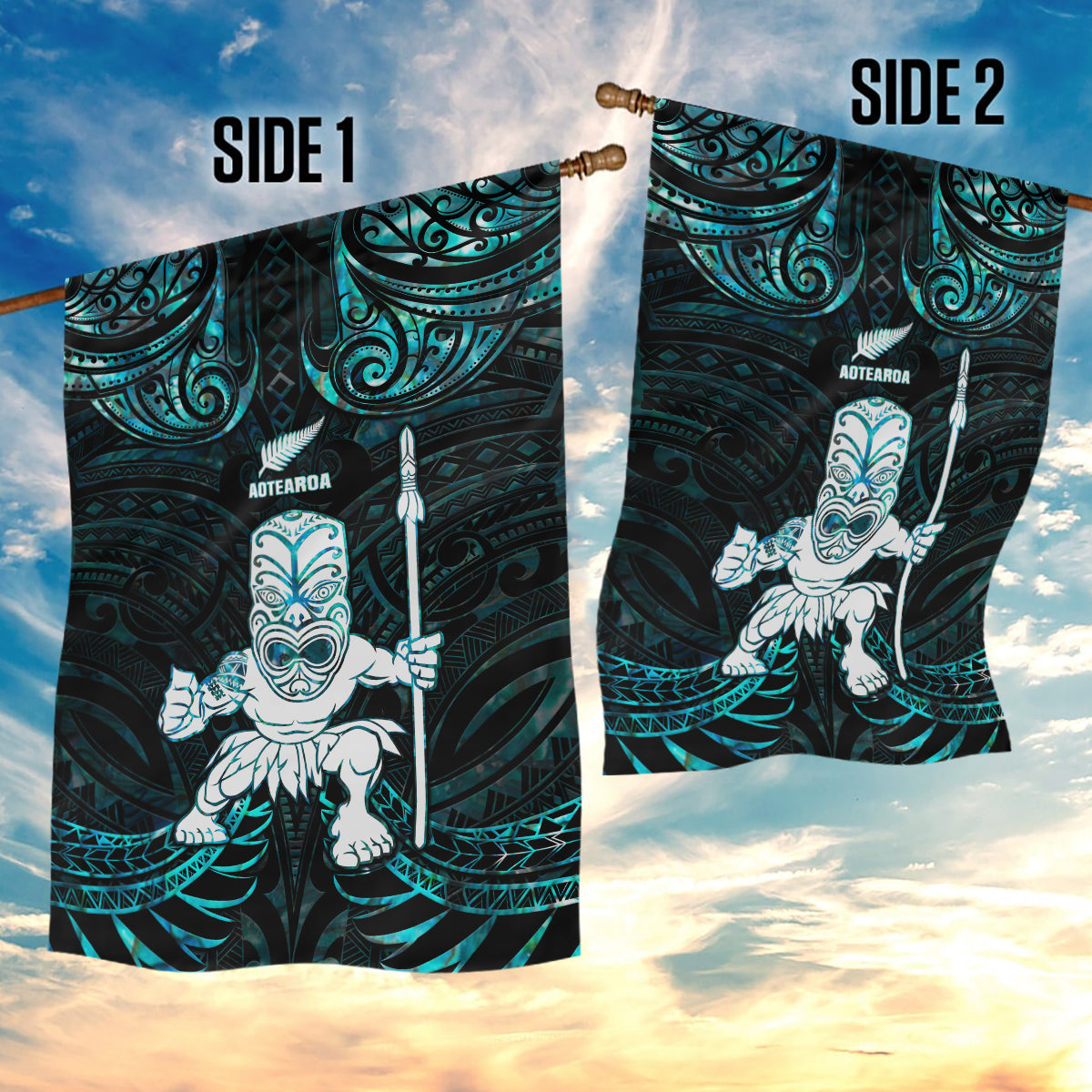 New Zealand Maori Taiaha Garden Flag Tiki Warrior Paua Shell LT05 - Polynesian Pride