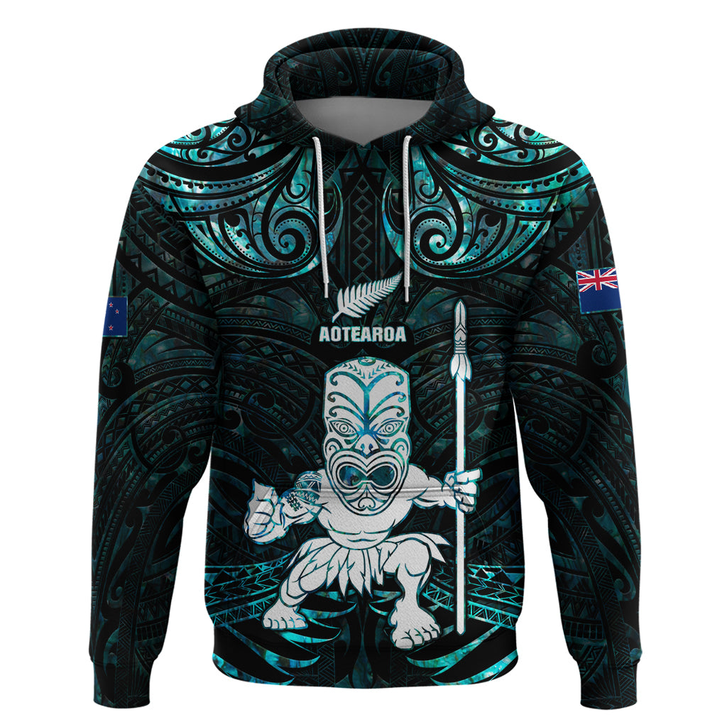 Custom New Zealand Maori Taiaha Hoodie Tiki Warrior Paua Shell LT05 Pullover Hoodie Black - Polynesian Pride