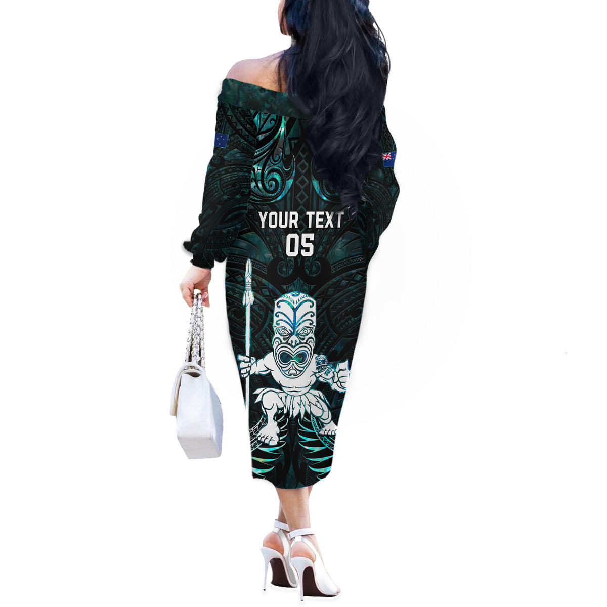 Custom New Zealand Maori Taiaha Off The Shoulder Long Sleeve Dress Tiki Warrior Paua Shell LT05 - Polynesian Pride