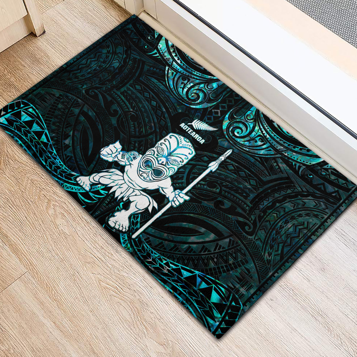 New Zealand Maori Taiaha Rubber Doormat Tiki Warrior Paua Shell LT05 - Polynesian Pride