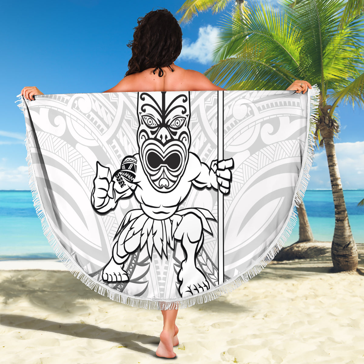 New Zealand Maori Taiaha Beach Blanket Tiki Warrior White LT05 - Polynesian Pride